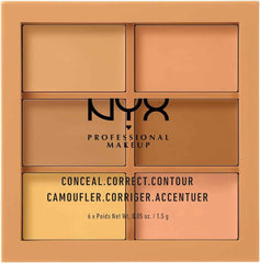 NYX Professional Makeup concealer palette with four beige shades on a beige background,
nyx contour pallete
