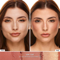 Before and after comparison of a woman's face with skin retouching effects applied.